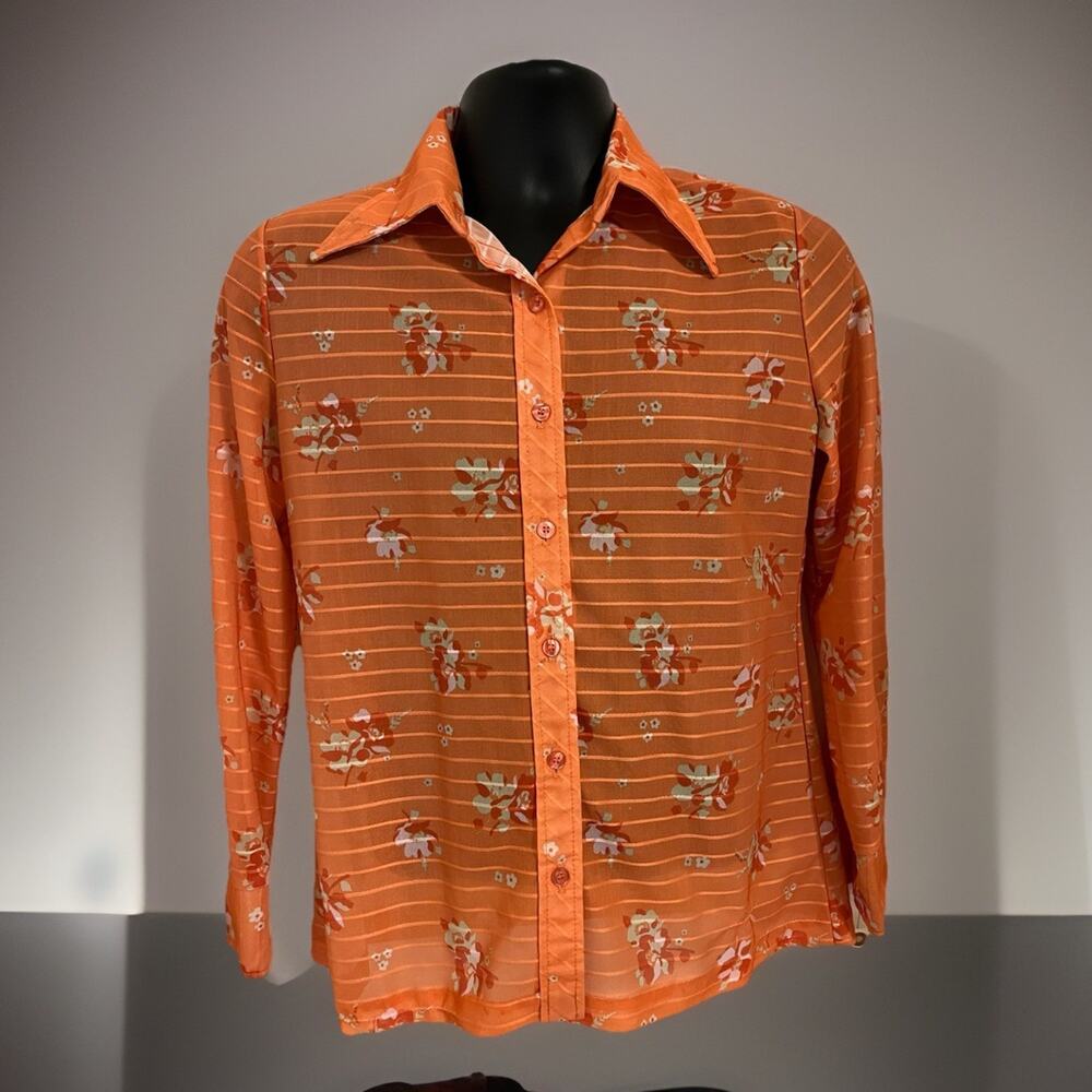 VTG 70s Unique Dagger Collar Shirt Semi-Sheer Orange Floral Disco Stripe M/L